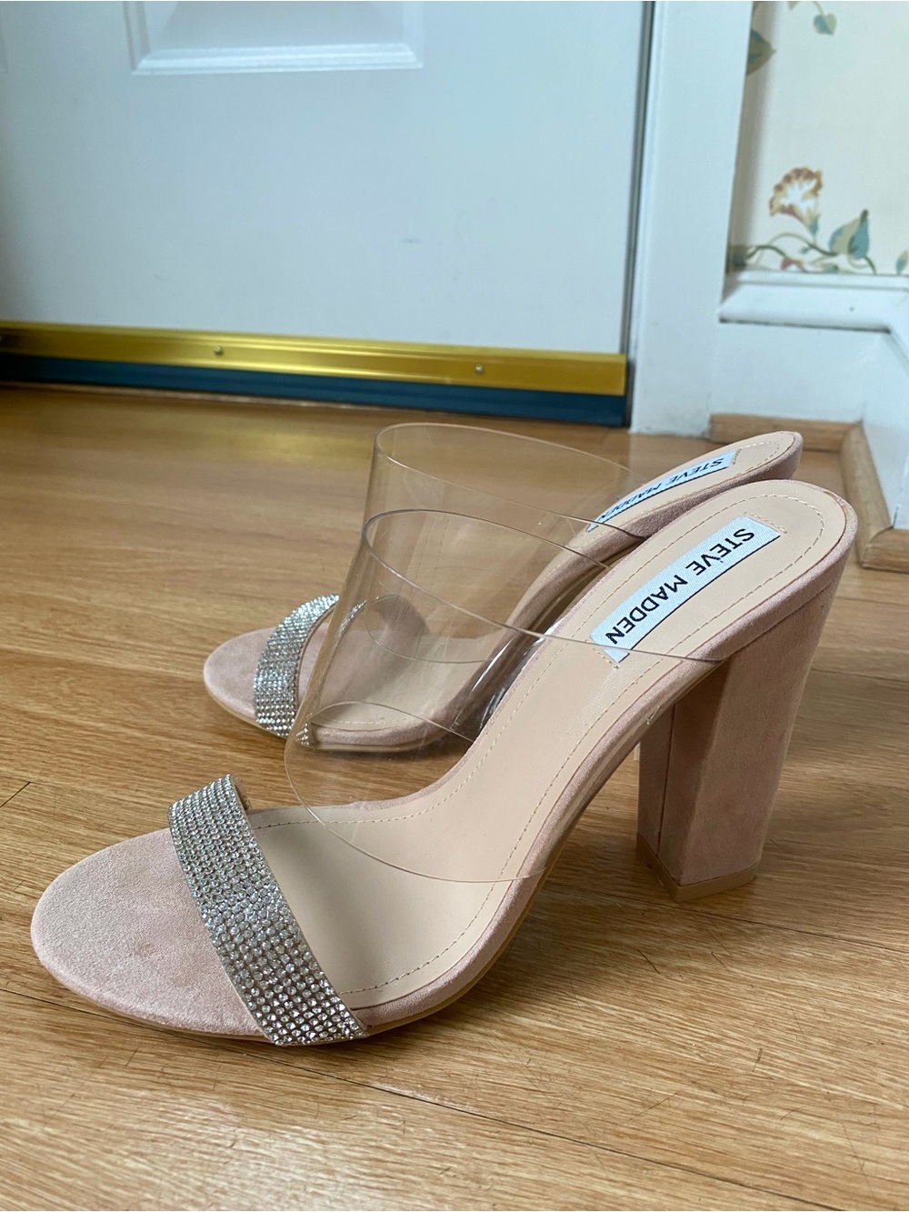 Steve Madden New Jubilee Clear Strap Rhinestone Sandal Nude Suede Block Heels